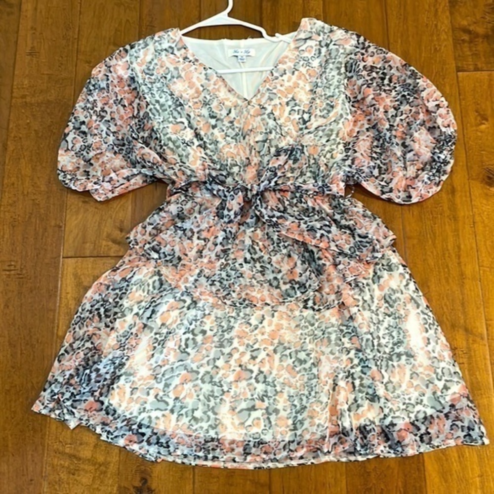 She & Sky V-Neck Coral and Gray Leopard Print Dress